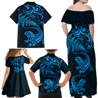 New Zealand Tuatara Tribal Tattoo Family Matching Off Shoulder Maxi Dress and Hawaiian Shirt Silver Fern and Maori Pattern Blue Color LT03 - Polynesian Pride