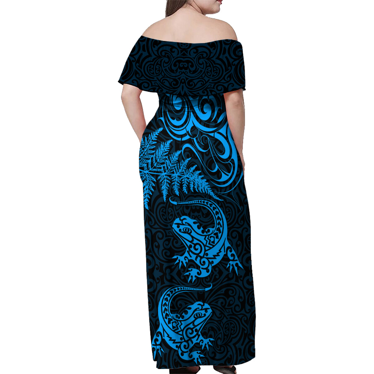 New Zealand Tuatara Tribal Tattoo Family Matching Off Shoulder Maxi Dress and Hawaiian Shirt Silver Fern and Maori Pattern Blue Color LT03 - Polynesian Pride