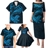 New Zealand Tuatara Tribal Tattoo Family Matching Puletasi and Hawaiian Shirt Silver Fern and Maori Pattern Blue Color LT03 - Polynesian Pride