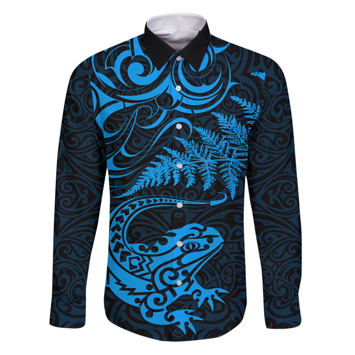 New Zealand Tuatara Tribal Tattoo Family Matching Puletasi and Hawaiian Shirt Silver Fern and Maori Pattern Blue Color LT03 Dad's Shirt - Long Sleeve Blue - Polynesian Pride