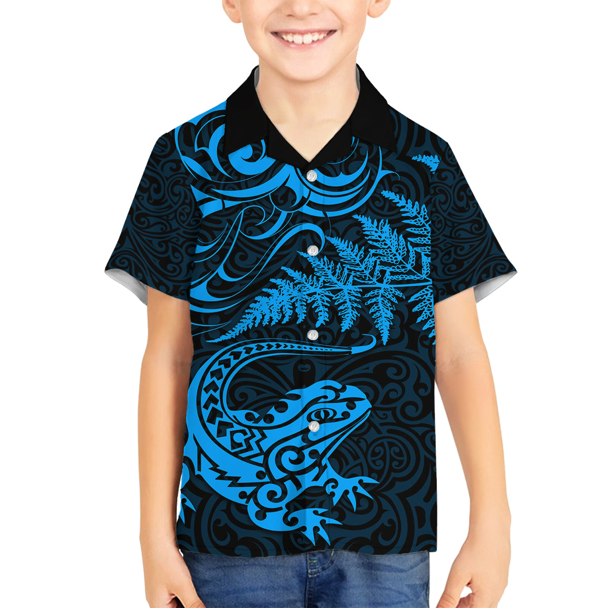 New Zealand Tuatara Tribal Tattoo Family Matching Summer Maxi Dress and Hawaiian Shirt Silver Fern and Maori Pattern Blue Color LT03 Son's Shirt Blue - Polynesian Pride