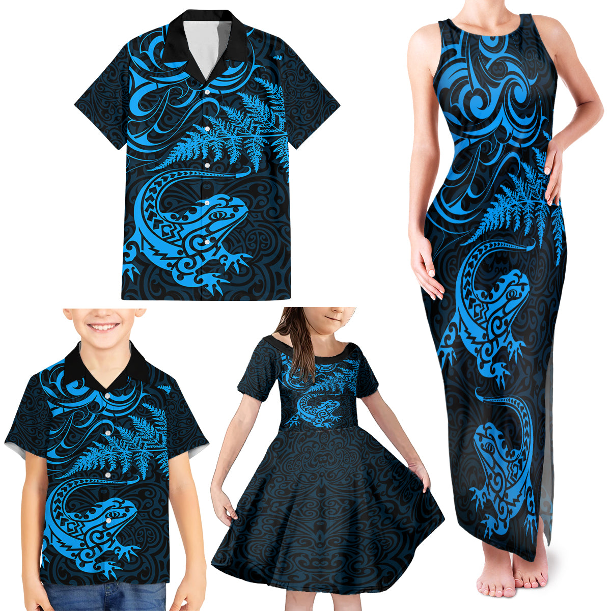 New Zealand Tuatara Tribal Tattoo Family Matching Tank Maxi Dress and Hawaiian Shirt Silver Fern and Maori Pattern Blue Color LT03 - Polynesian Pride