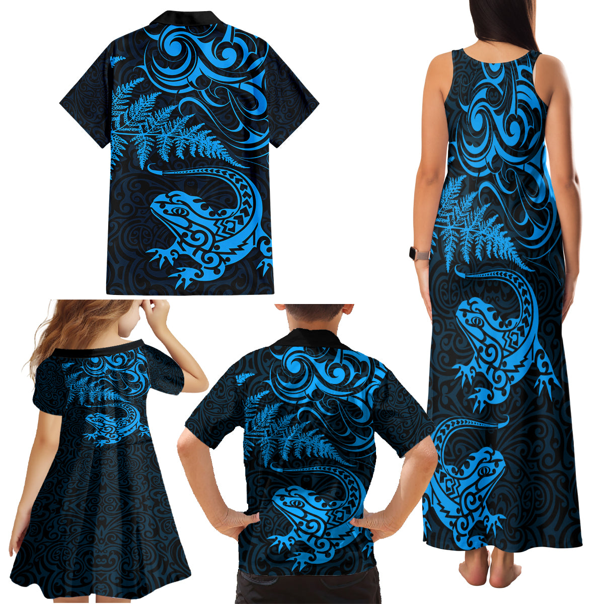 New Zealand Tuatara Tribal Tattoo Family Matching Tank Maxi Dress and Hawaiian Shirt Silver Fern and Maori Pattern Blue Color LT03 - Polynesian Pride