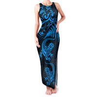 New Zealand Tuatara Tribal Tattoo Family Matching Tank Maxi Dress and Hawaiian Shirt Silver Fern and Maori Pattern Blue Color LT03 Mom's Dress Blue - Polynesian Pride