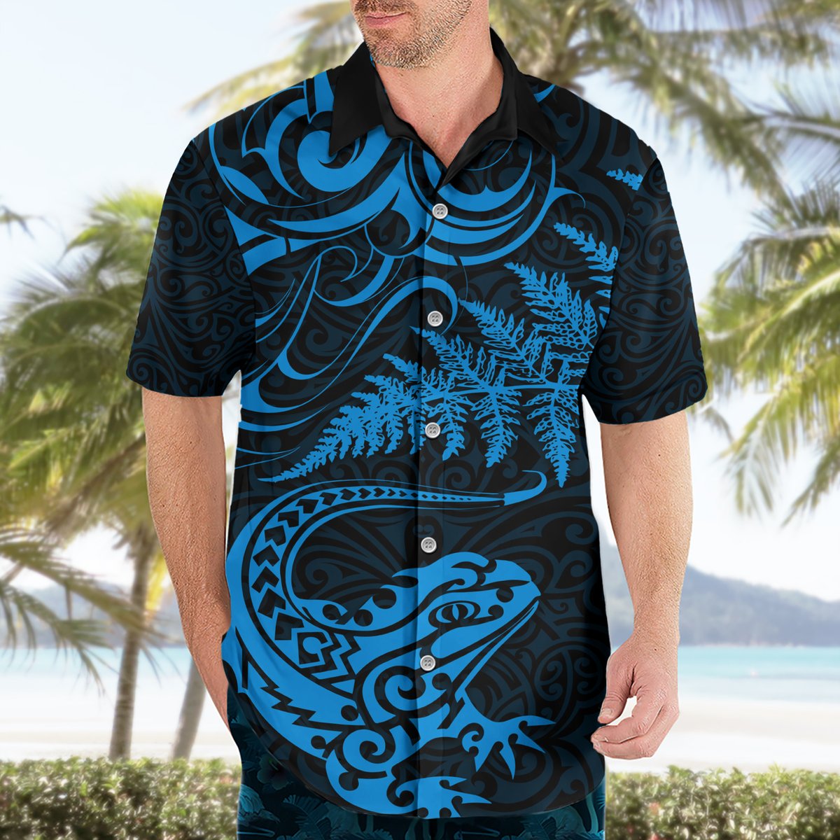 New Zealand Tuatara Tribal Tattoo Hawaiian Shirt Silver Fern and Maori Pattern Blue Color LT03 - Polynesian Pride