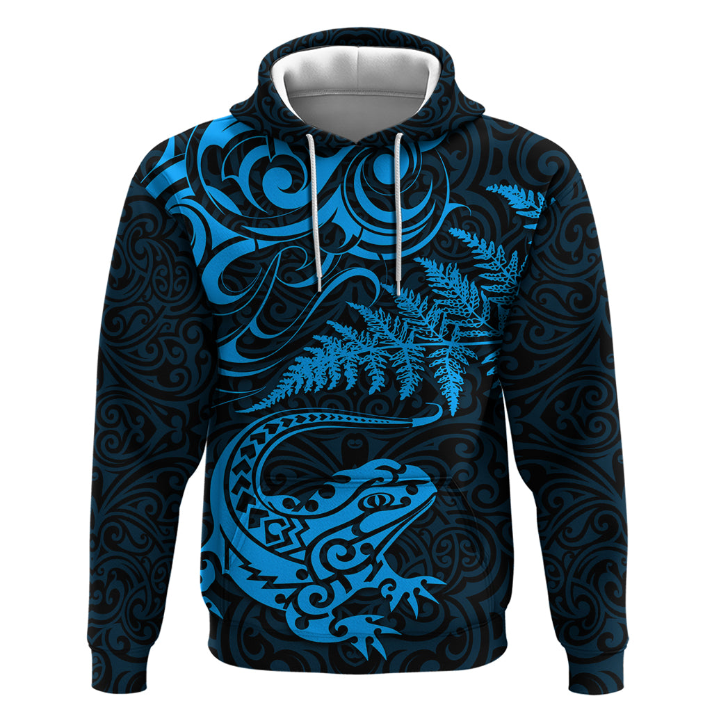 New Zealand Tuatara Tribal Tattoo Hoodie Silver Fern and Maori Pattern Blue Color LT03 Pullover Hoodie Blue - Polynesian Pride