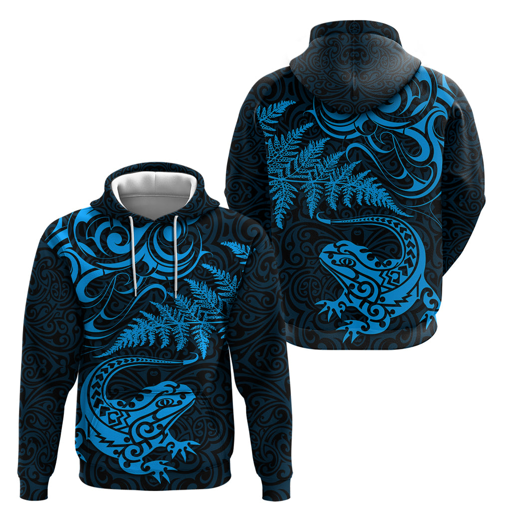 New Zealand Tuatara Tribal Tattoo Hoodie Silver Fern and Maori Pattern Blue Color LT03 - Polynesian Pride