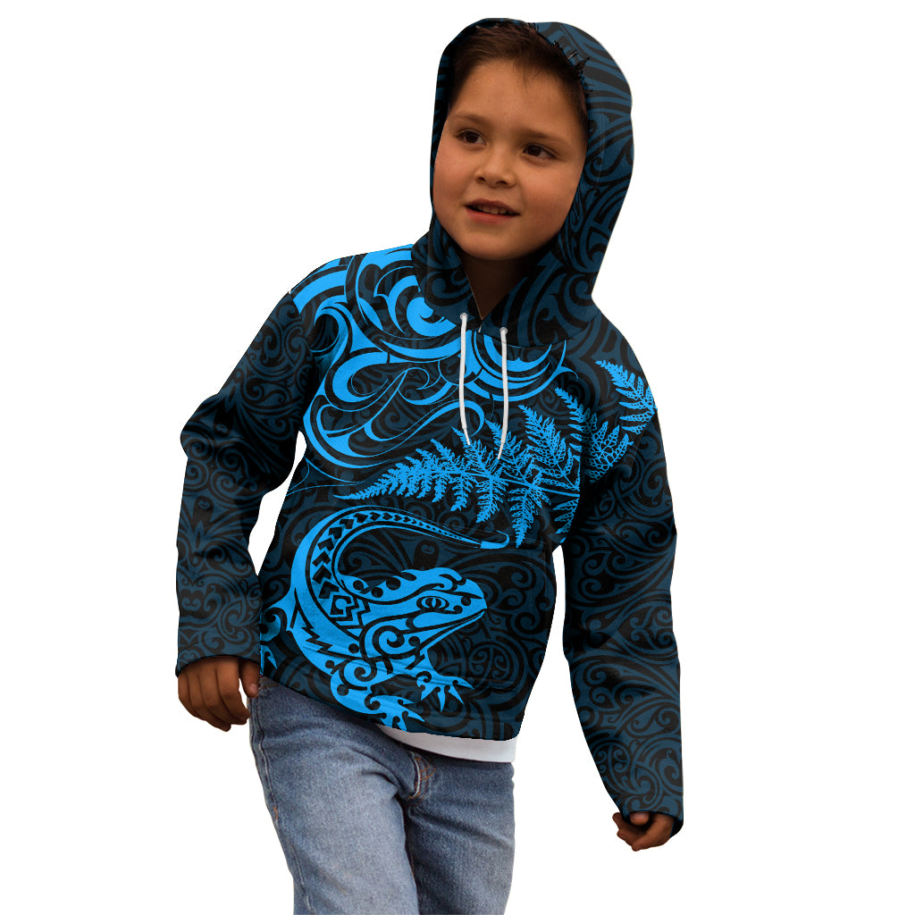 New Zealand Tuatara Tribal Tattoo Kid Hoodie Silver Fern and Maori Pattern Blue Color LT03 - Polynesian Pride