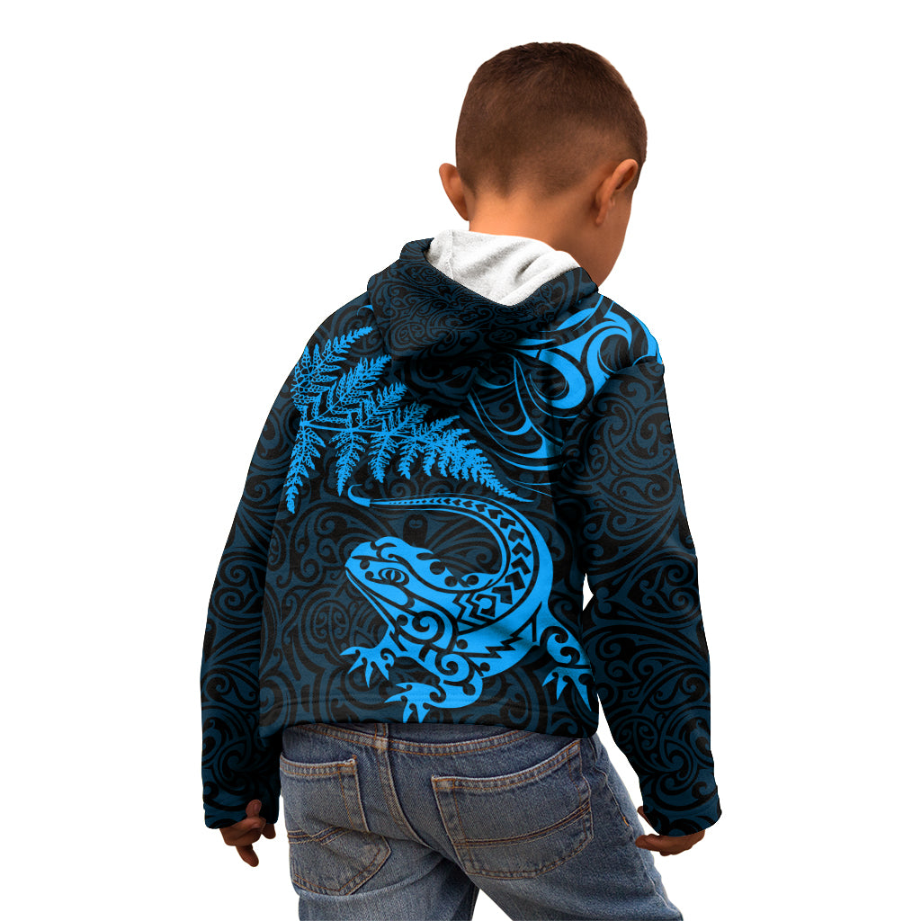 New Zealand Tuatara Tribal Tattoo Kid Hoodie Silver Fern and Maori Pattern Blue Color LT03 - Polynesian Pride