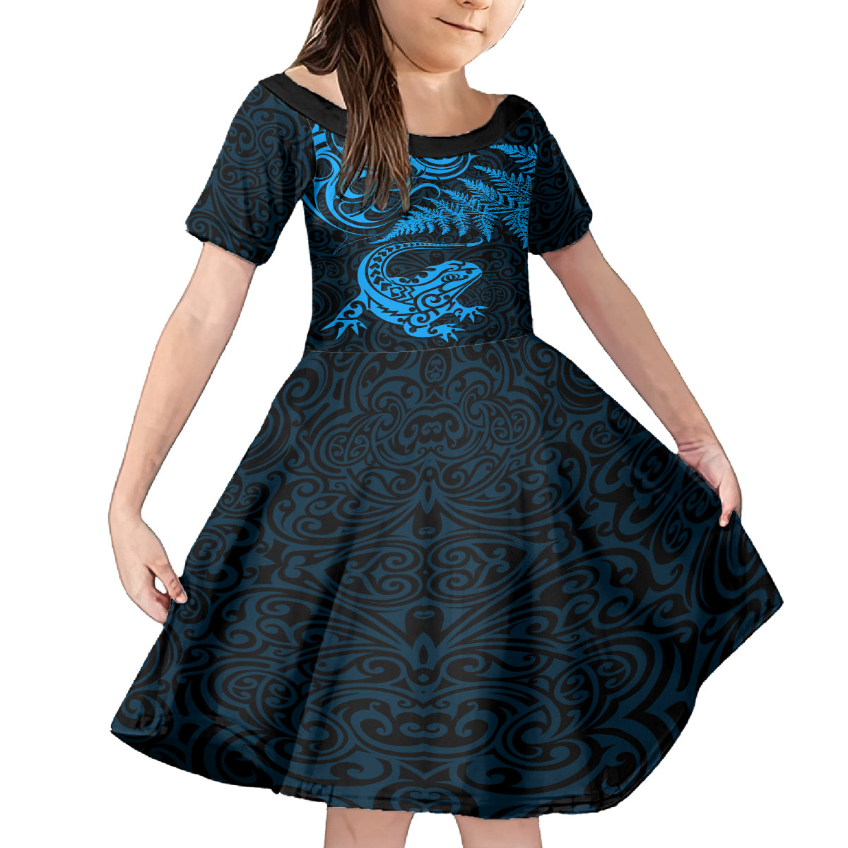 New Zealand Tuatara Tribal Tattoo Kid Short Sleeve Dress Silver Fern and Maori Pattern Blue Color LT03 KID Blue - Polynesian Pride