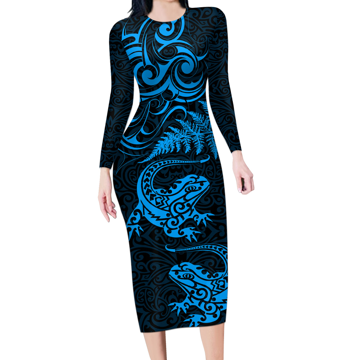 New Zealand Tuatara Tribal Tattoo Long Sleeve Bodycon Dress Silver Fern and Maori Pattern Blue Color LT03 Long Dress Blue - Polynesian Pride