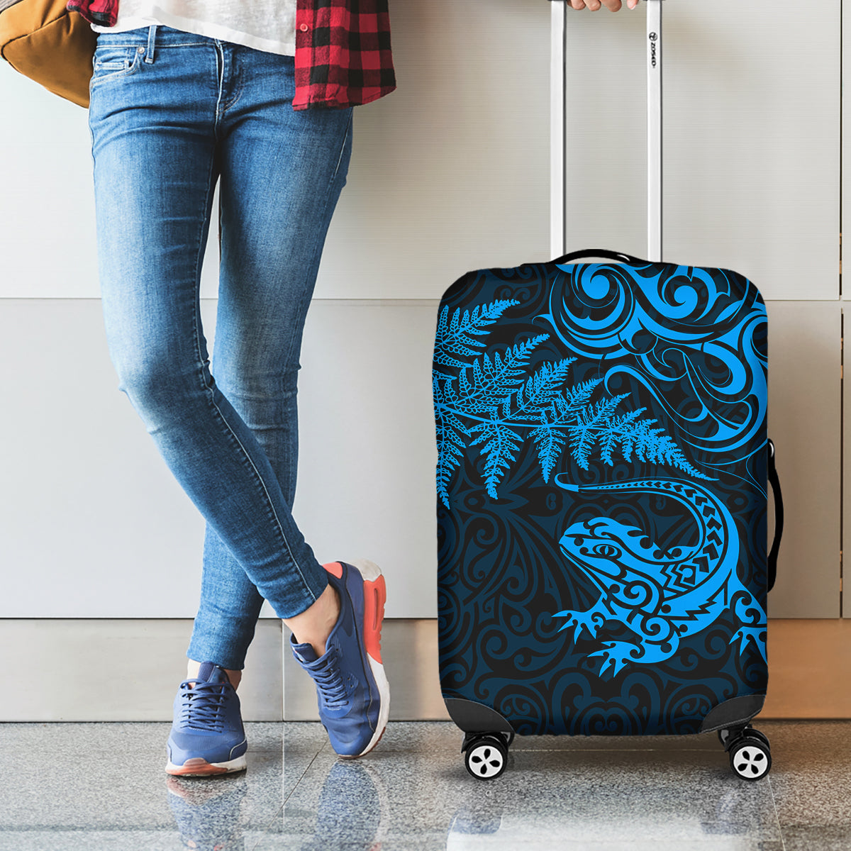 New Zealand Tuatara Tribal Tattoo Luggage Cover Silver Fern and Maori Pattern Blue Color LT03 - Polynesian Pride
