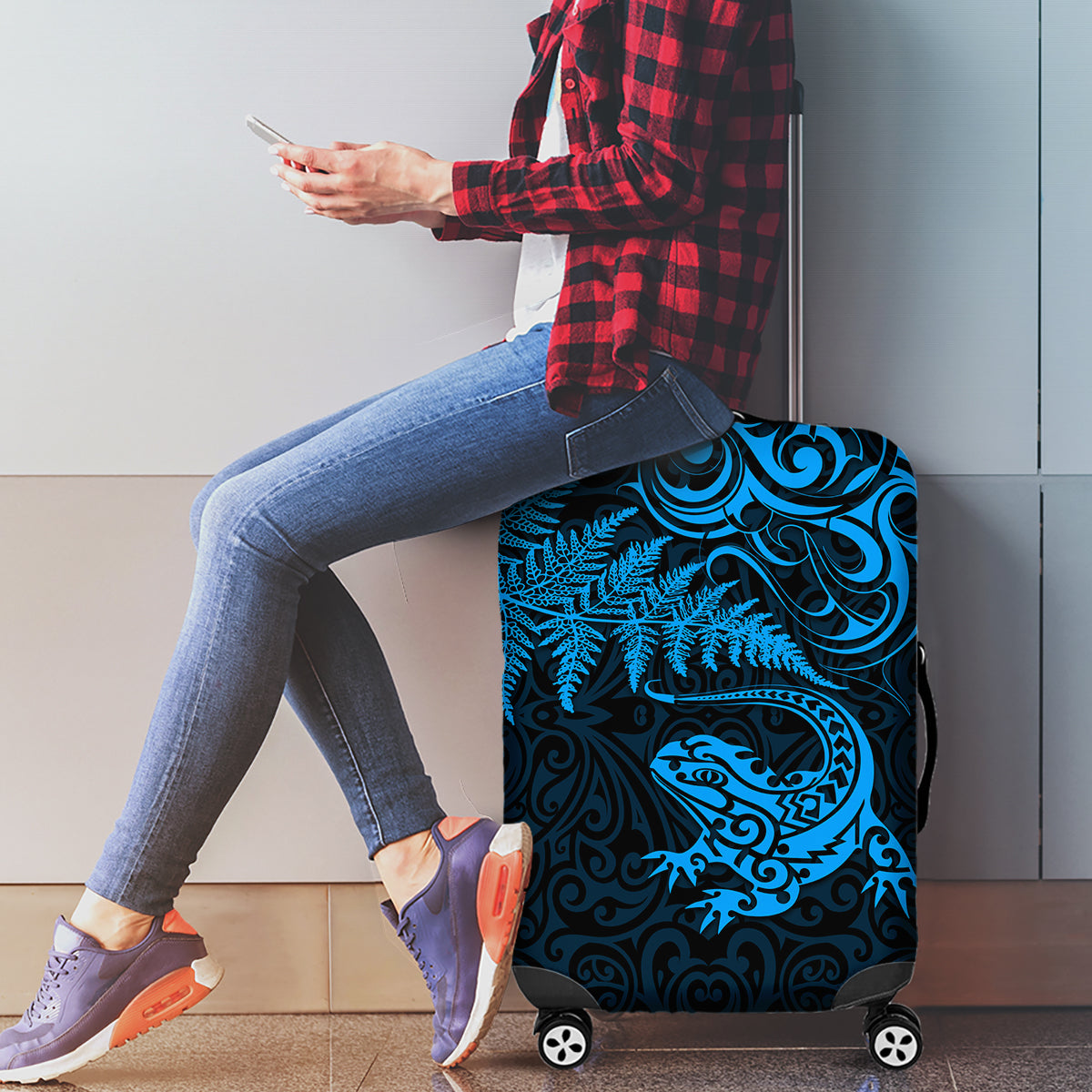 New Zealand Tuatara Tribal Tattoo Luggage Cover Silver Fern and Maori Pattern Blue Color LT03 - Polynesian Pride