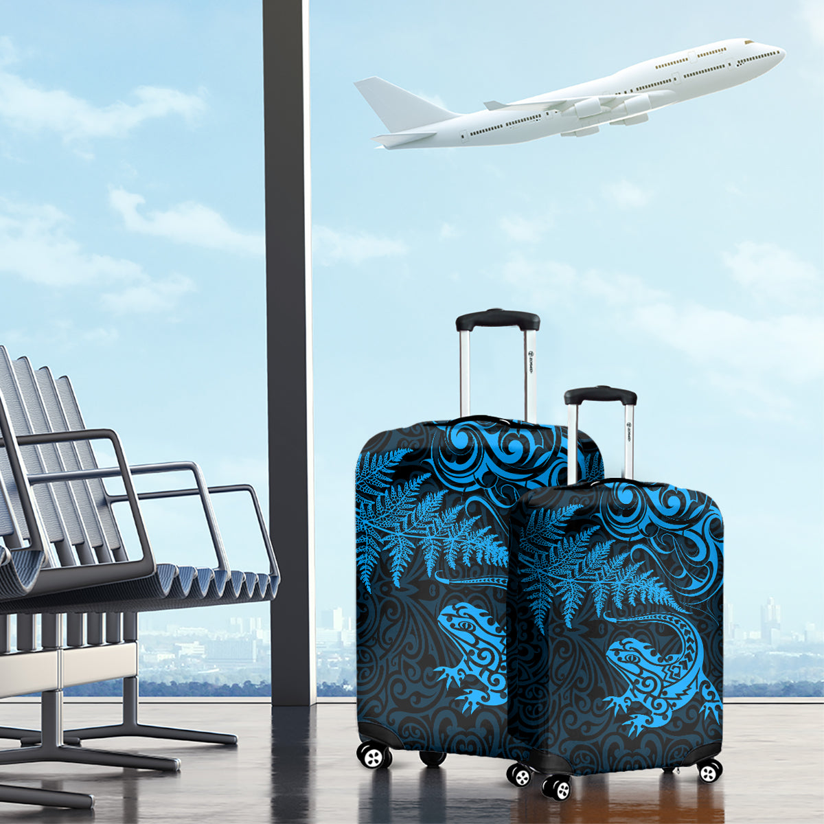 New Zealand Tuatara Tribal Tattoo Luggage Cover Silver Fern and Maori Pattern Blue Color LT03 - Polynesian Pride
