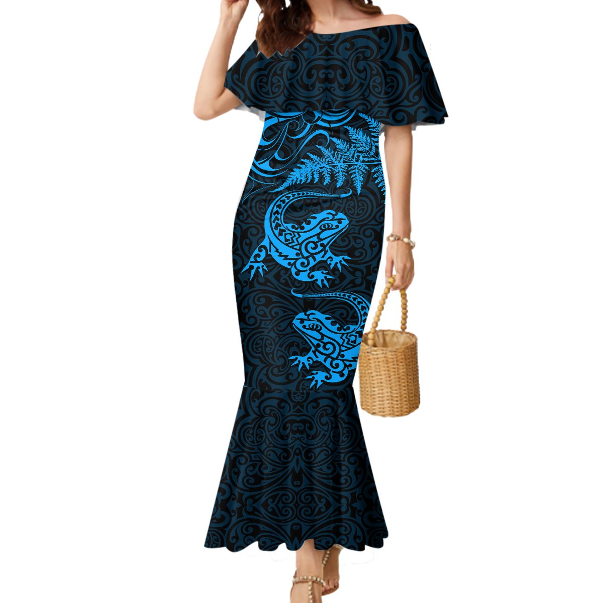 New Zealand Tuatara Tribal Tattoo Mermaid Dress Silver Fern and Maori Pattern Blue Color LT03 Women Blue - Polynesian Pride