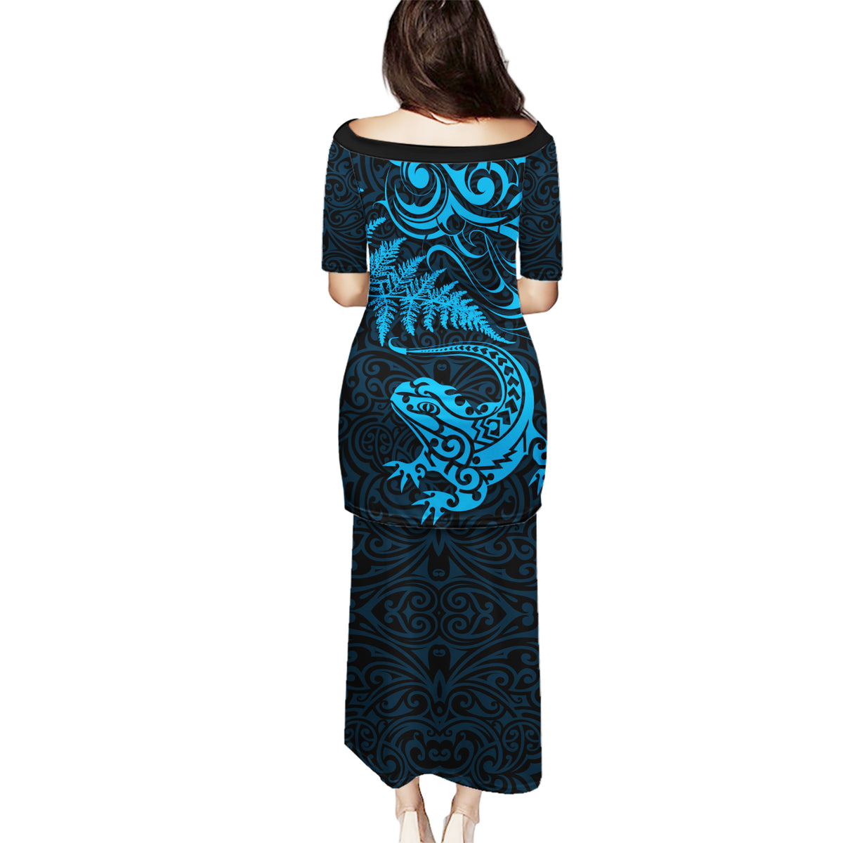 New Zealand Tuatara Tribal Tattoo Puletasi Silver Fern and Maori Pattern Blue Color