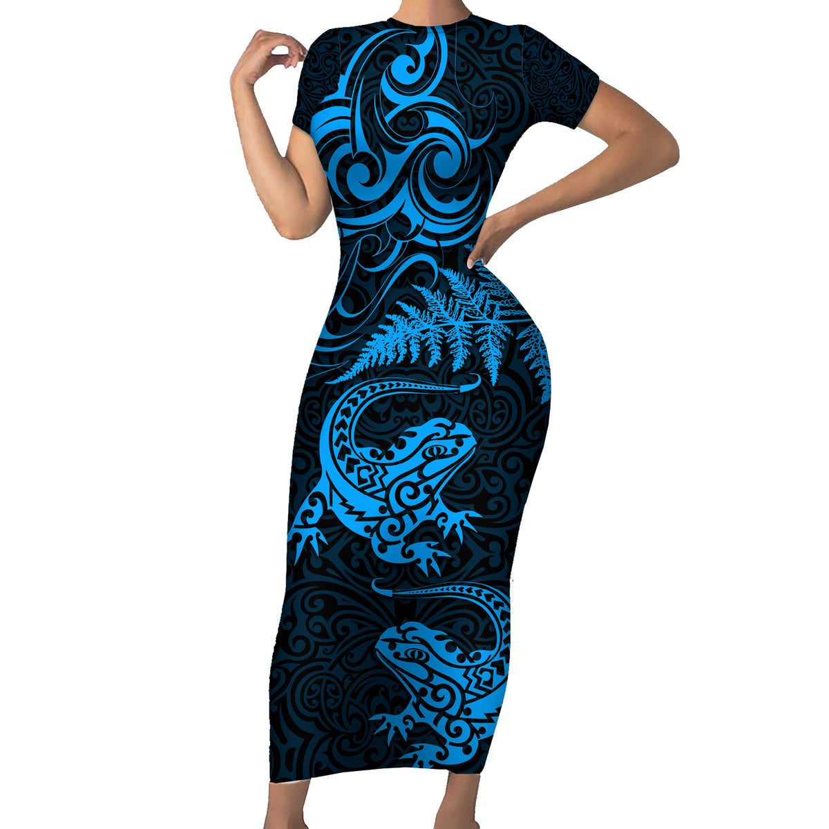 New Zealand Tuatara Tribal Tattoo Short Sleeve Bodycon Dress Silver Fern and Maori Pattern Blue Color LT03 Long Dress Blue - Polynesian Pride