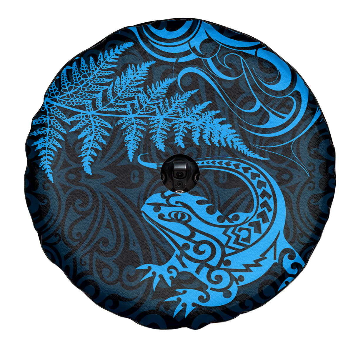New Zealand Tuatara Tribal Tattoo Spare Tire Cover Silver Fern and Maori Pattern Blue Color