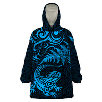 New Zealand Tuatara Tribal Tattoo Wearable Blanket Hoodie Silver Fern and Maori Pattern Blue Color LT03 One Size Blue - Polynesian Pride