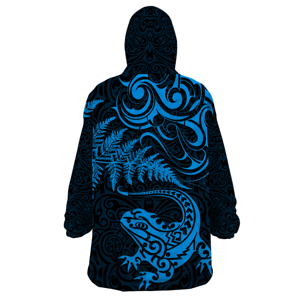 New Zealand Tuatara Tribal Tattoo Wearable Blanket Hoodie Silver Fern and Maori Pattern Blue Color LT03 - Polynesian Pride