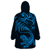 New Zealand Tuatara Tribal Tattoo Wearable Blanket Hoodie Silver Fern and Maori Pattern Blue Color LT03 - Polynesian Pride