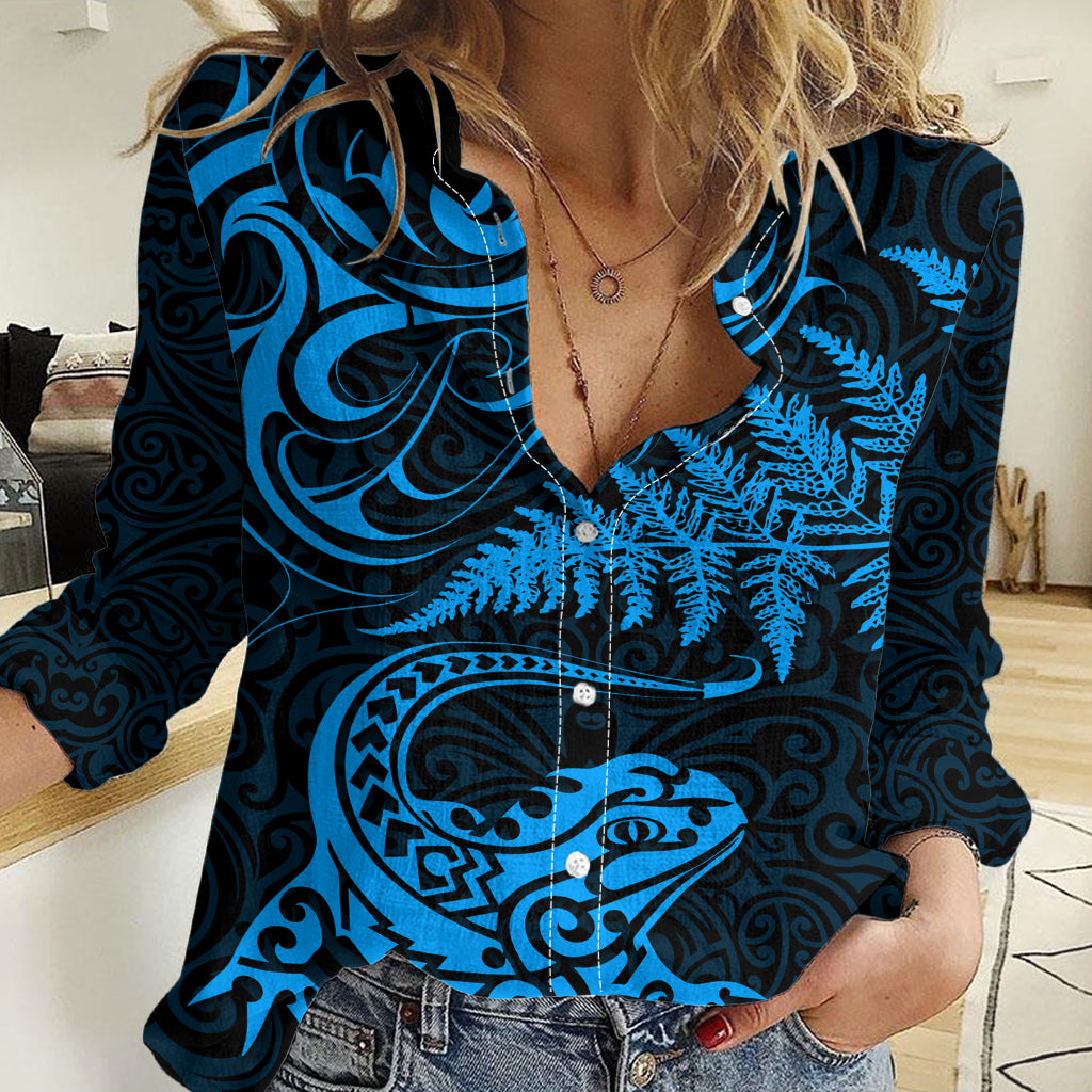 New Zealand Tuatara Tribal Tattoo Women Casual Shirt Silver Fern and Maori Pattern Blue Color LT03 Female Blue - Polynesian Pride