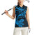 New Zealand Tuatara Tribal Tattoo Women Sleeveless Polo Shirt Silver Fern and Maori Pattern Blue Color