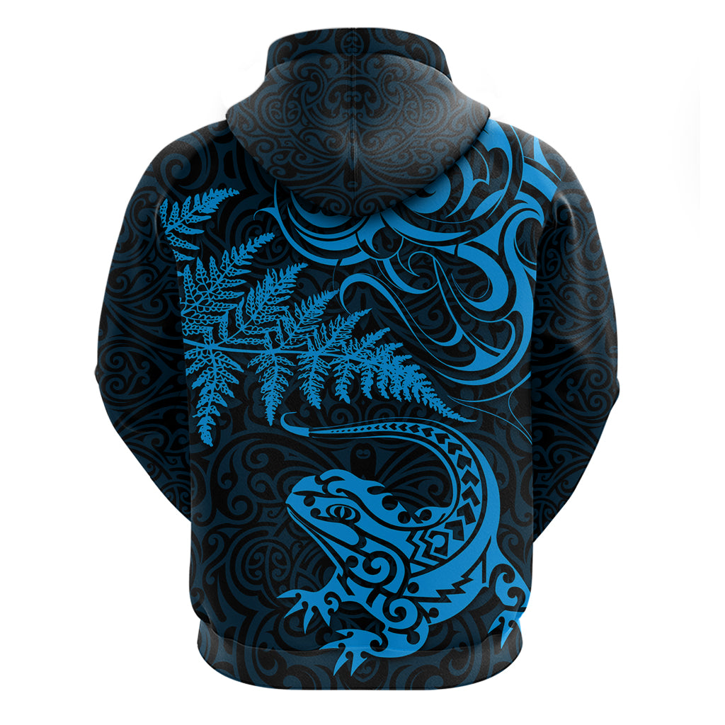 New Zealand Tuatara Tribal Tattoo Zip Hoodie Silver Fern and Maori Pattern Blue Color LT03 - Polynesian Pride