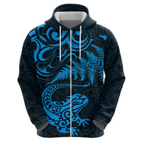 New Zealand Tuatara Tribal Tattoo Zip Hoodie Silver Fern and Maori Pattern Blue Color LT03 - Polynesian Pride