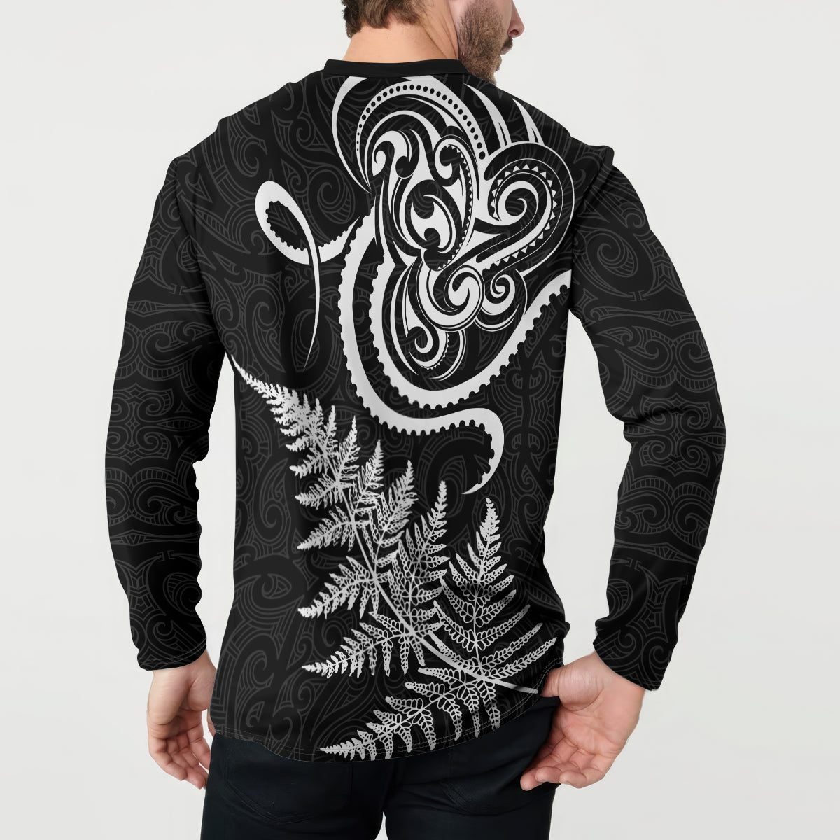 New Zealand Octopus Tattoo and Fern Button Sweatshirt Maori Pattern