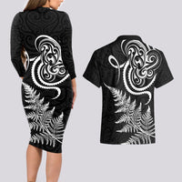 New Zealand Octopus Tattoo and Fern Couples Matching Long Sleeve Bodycon Dress and Hawaiian Shirt Maori Pattern LT03 - Polynesian Pride