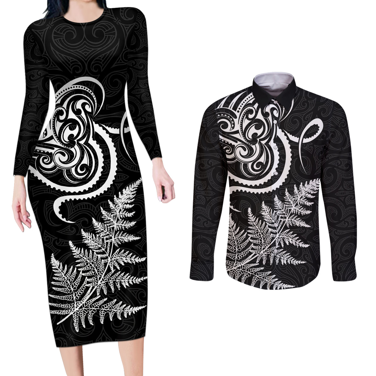 New Zealand Octopus Tattoo and Fern Couples Matching Long Sleeve Bodycon Dress and Long Sleeve Button Shirt Maori Pattern LT03 Black - Polynesian Pride