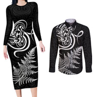 New Zealand Octopus Tattoo and Fern Couples Matching Long Sleeve Bodycon Dress and Long Sleeve Button Shirt Maori Pattern LT03 Black - Polynesian Pride