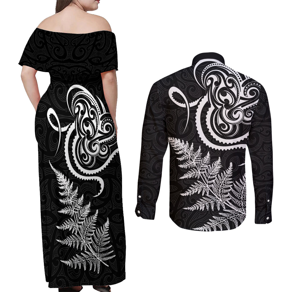 New Zealand Octopus Tattoo and Fern Couples Matching Off Shoulder Maxi Dress and Long Sleeve Button Shirt Maori Pattern
