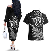 New Zealand Octopus Tattoo and Fern Couples Matching Off The Shoulder Long Sleeve Dress and Hawaiian Shirt Maori Pattern LT03 - Polynesian Pride