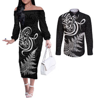 New Zealand Octopus Tattoo and Fern Couples Matching Off The Shoulder Long Sleeve Dress and Long Sleeve Button Shirt Maori Pattern LT03 Black - Polynesian Pride