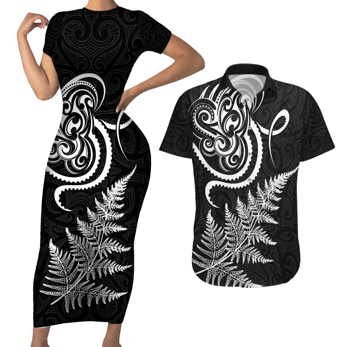 New Zealand Octopus Tattoo and Fern Couples Matching Short Sleeve Bodycon Dress and Hawaiian Shirt Maori Pattern LT03 Black - Polynesian Pride