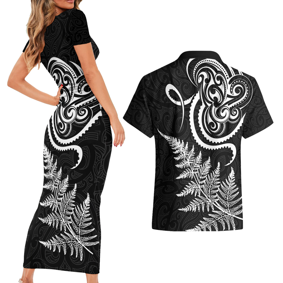 New Zealand Octopus Tattoo and Fern Couples Matching Short Sleeve Bodycon Dress and Hawaiian Shirt Maori Pattern LT03 - Polynesian Pride