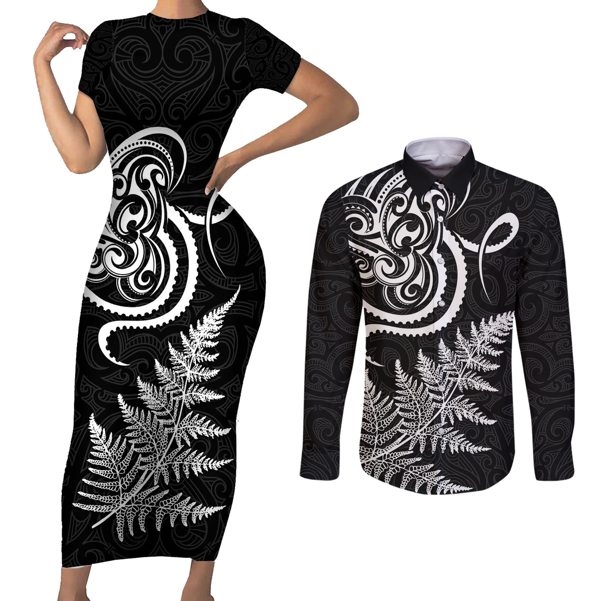 New Zealand Octopus Tattoo and Fern Couples Matching Short Sleeve Bodycon Dress and Long Sleeve Button Shirt Maori Pattern LT03 Black - Polynesian Pride