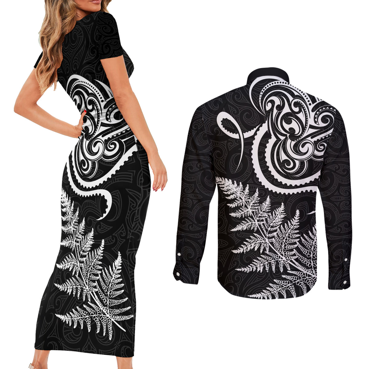 New Zealand Octopus Tattoo and Fern Couples Matching Short Sleeve Bodycon Dress and Long Sleeve Button Shirt Maori Pattern LT03 - Polynesian Pride