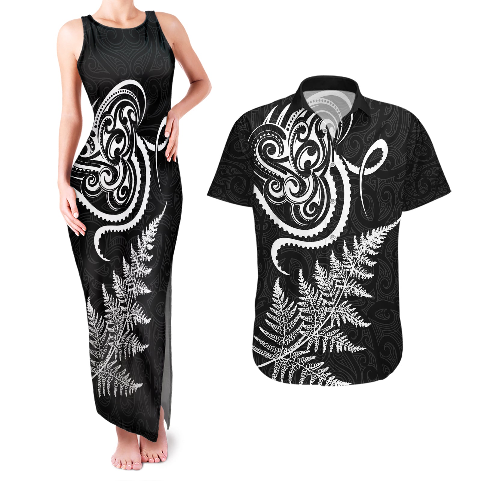 New Zealand Octopus Tattoo and Fern Couples Matching Tank Maxi Dress and Hawaiian Shirt Maori Pattern