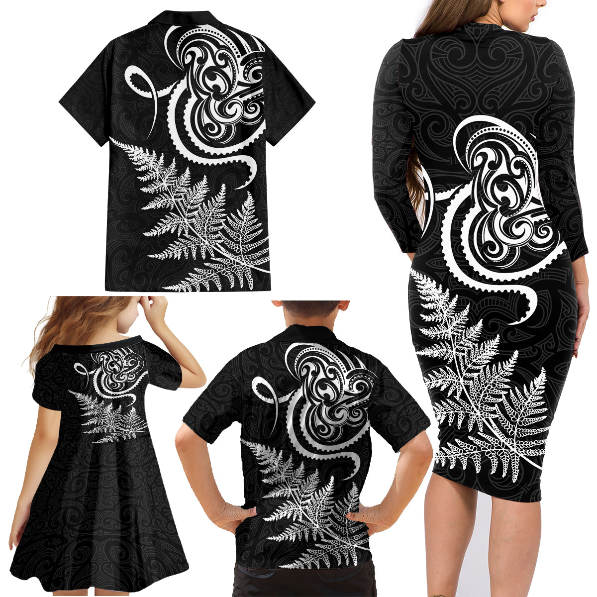 New Zealand Octopus Tattoo and Fern Family Matching Long Sleeve Bodycon Dress and Hawaiian Shirt Maori Pattern LT03 - Polynesian Pride