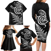 New Zealand Octopus Tattoo and Fern Family Matching Long Sleeve Bodycon Dress and Hawaiian Shirt Maori Pattern LT03 - Polynesian Pride