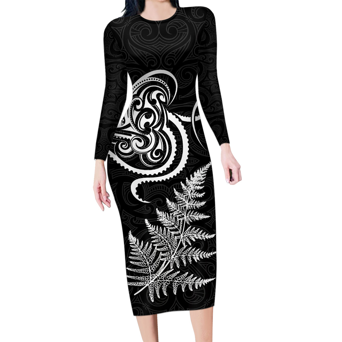 New Zealand Octopus Tattoo and Fern Family Matching Long Sleeve Bodycon Dress and Hawaiian Shirt Maori Pattern LT03 Mom's Dress Black - Polynesian Pride