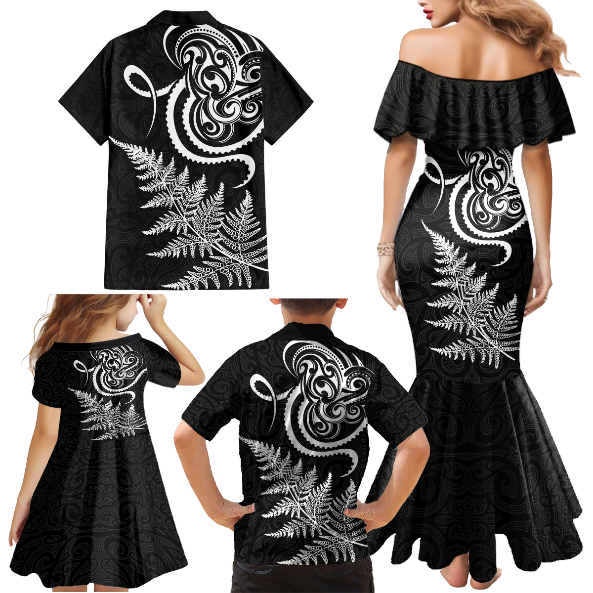 New Zealand Octopus Tattoo and Fern Family Matching Mermaid Dress and Hawaiian Shirt Maori Pattern LT03 - Polynesian Pride