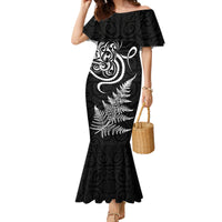 New Zealand Octopus Tattoo and Fern Family Matching Mermaid Dress and Hawaiian Shirt Maori Pattern LT03 Mom's Dress Black - Polynesian Pride
