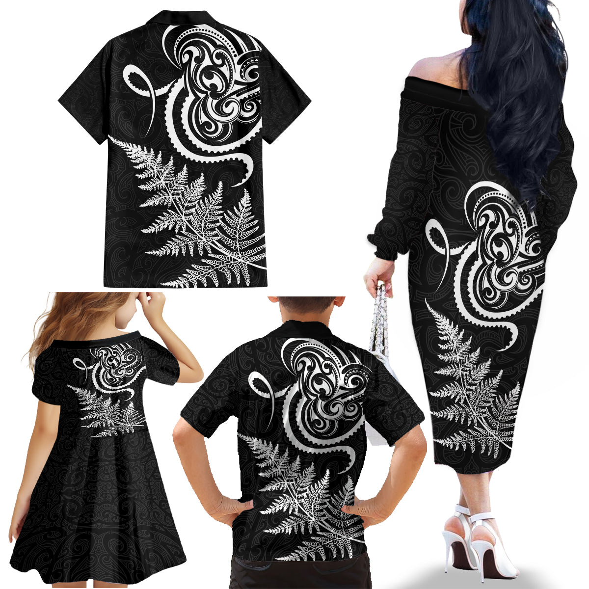 New Zealand Octopus Tattoo and Fern Family Matching Off The Shoulder Long Sleeve Dress and Hawaiian Shirt Maori Pattern LT03 - Polynesian Pride