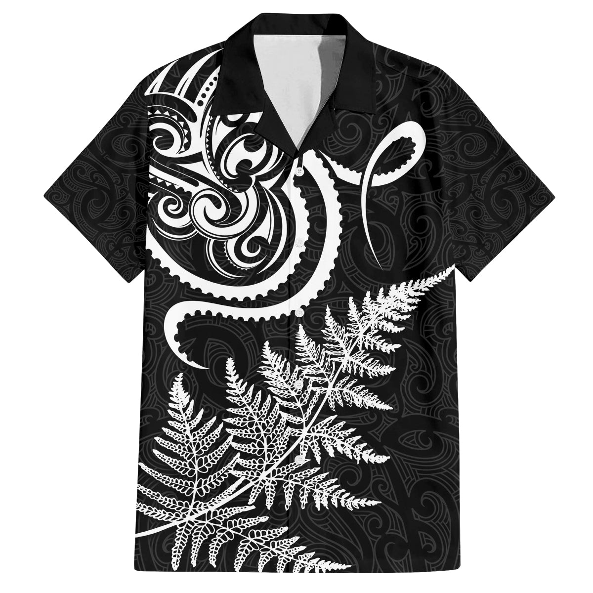 New Zealand Octopus Tattoo and Fern Family Matching Off Shoulder Maxi Dress and Hawaiian Shirt Maori Pattern LT03 Dad's Shirt - Short Sleeve Black - Polynesian Pride