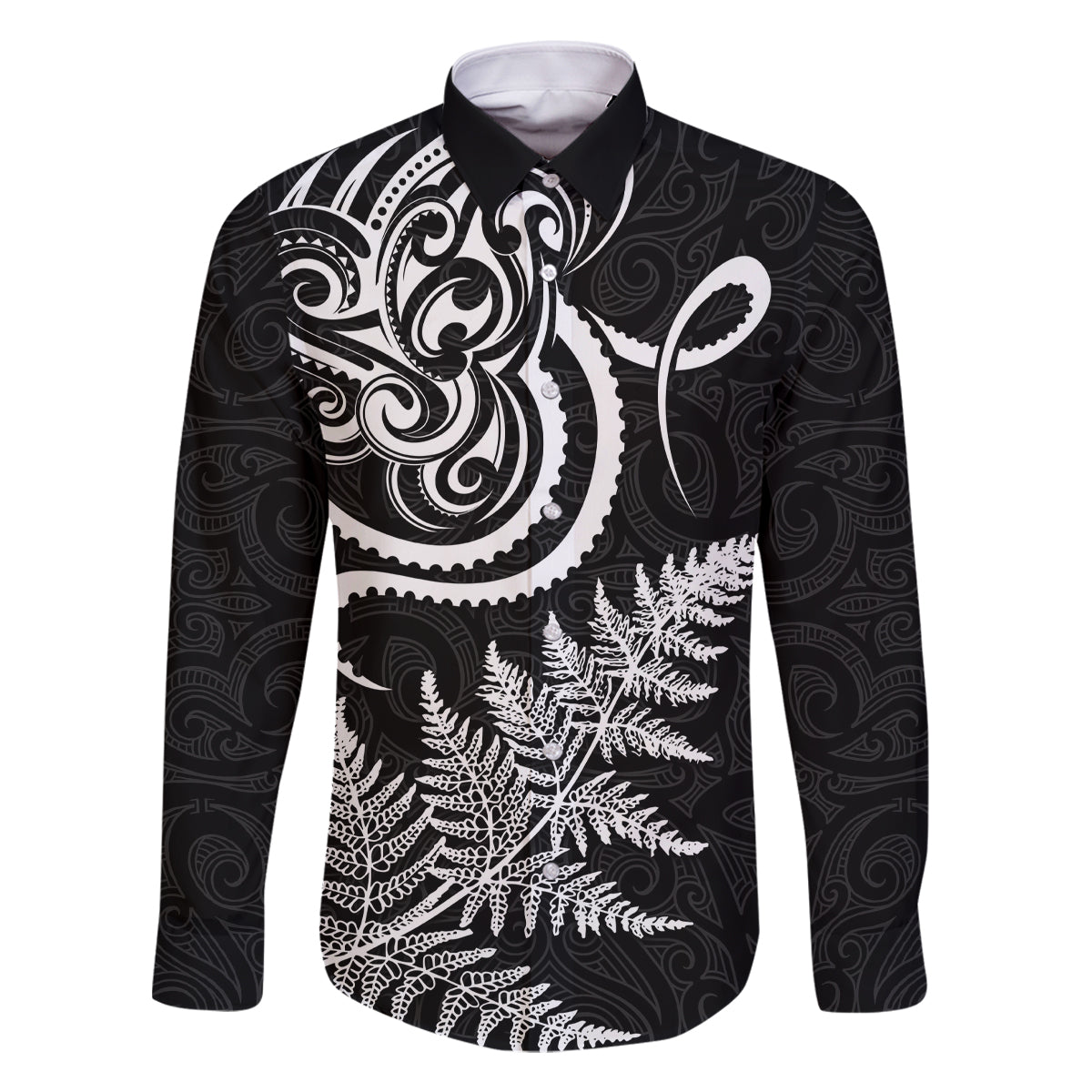 New Zealand Octopus Tattoo and Fern Family Matching Off Shoulder Maxi Dress and Hawaiian Shirt Maori Pattern LT03 Dad's Shirt - Long Sleeve Black - Polynesian Pride