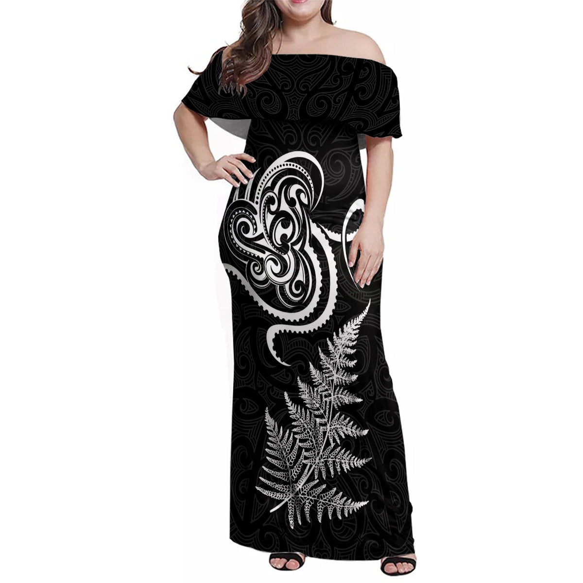 New Zealand Octopus Tattoo and Fern Family Matching Off Shoulder Maxi Dress and Hawaiian Shirt Maori Pattern LT03 Mom's Dress Black - Polynesian Pride